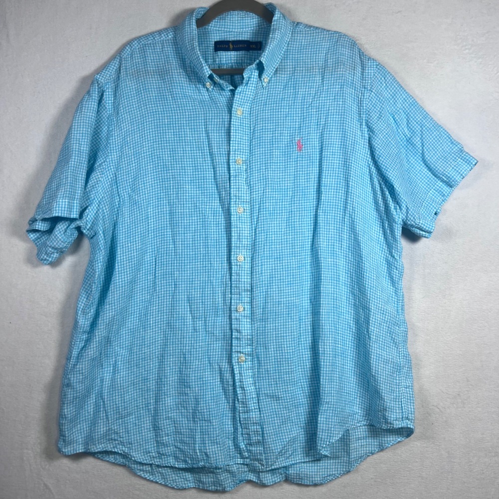 Polo Ralph Lauren Mens XXL 100%Linen Blue Gingham Short Sleeve Button Down Shirt